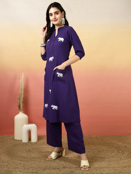 Women Solid Cotton Flex A-line Pocket Kurta with Palazzo Set