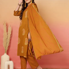 Women Mustard Cotton Printed V-neck Straight Kurta with Trouser & Dupatta