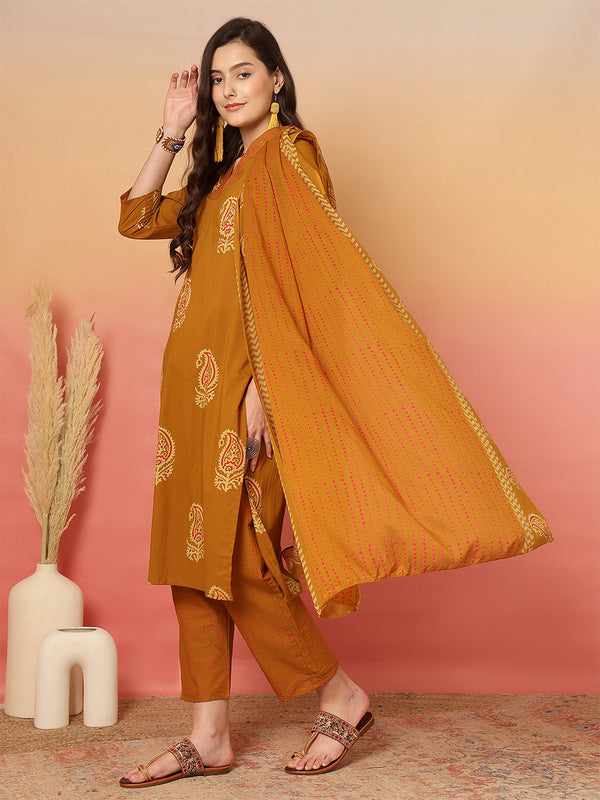 Women Mustard Cotton Printed V-neck Straight Kurta with Trouser & Dupatta