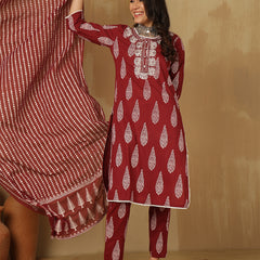 Women Wine Regular Wear Kurta With Trouser & Dupatta