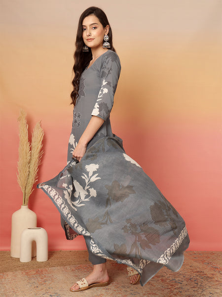 Women Grey Cotton Printed Patch Work Kurta with Trouser & Dupatta