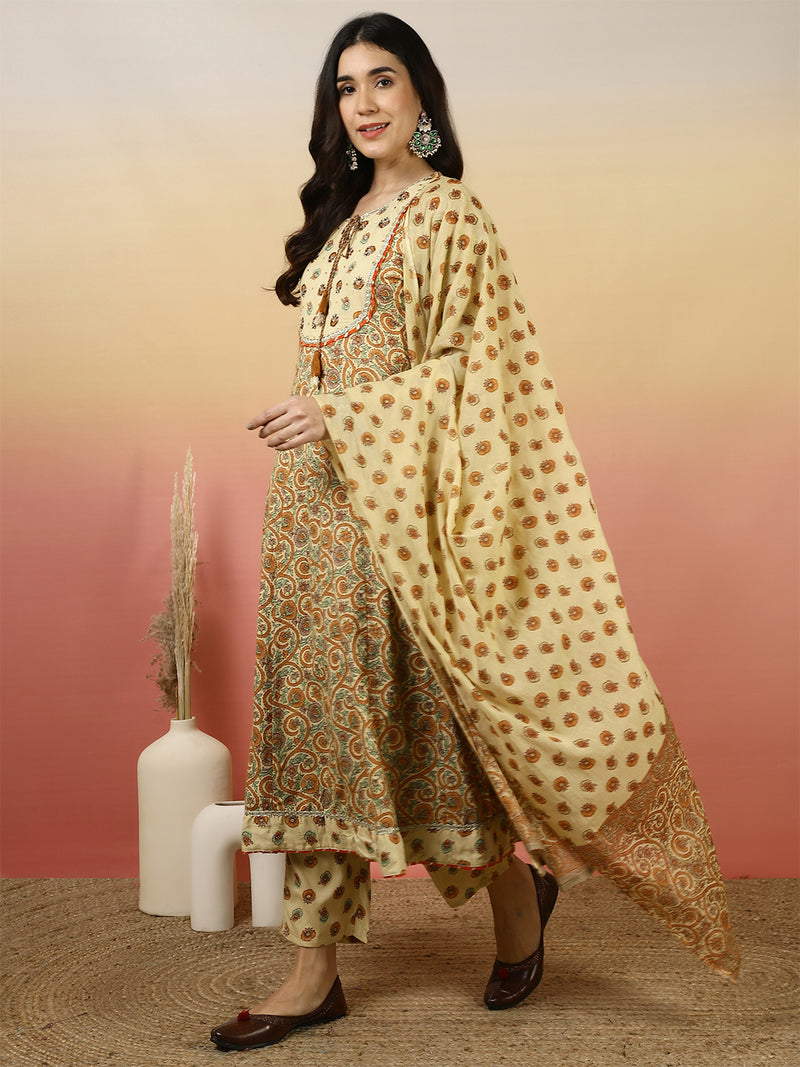 Women Beige Printed Anarkali Kurta With Pant & Dupatta
