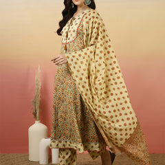 Women Beige Printed Anarkali Kurta With Pant & Dupatta