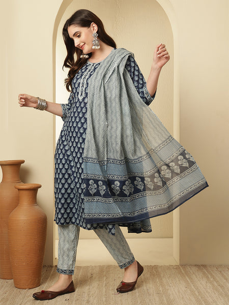 Women Cotton Printed Blue Straight Kurta with Trouser & Dupatta