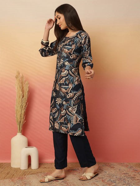 Women Blue Foil Printed Kurta with Trouser