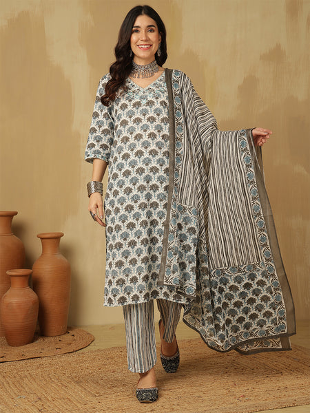 Women Cotton Printed Straight Kurta With Trouser & Dupatta