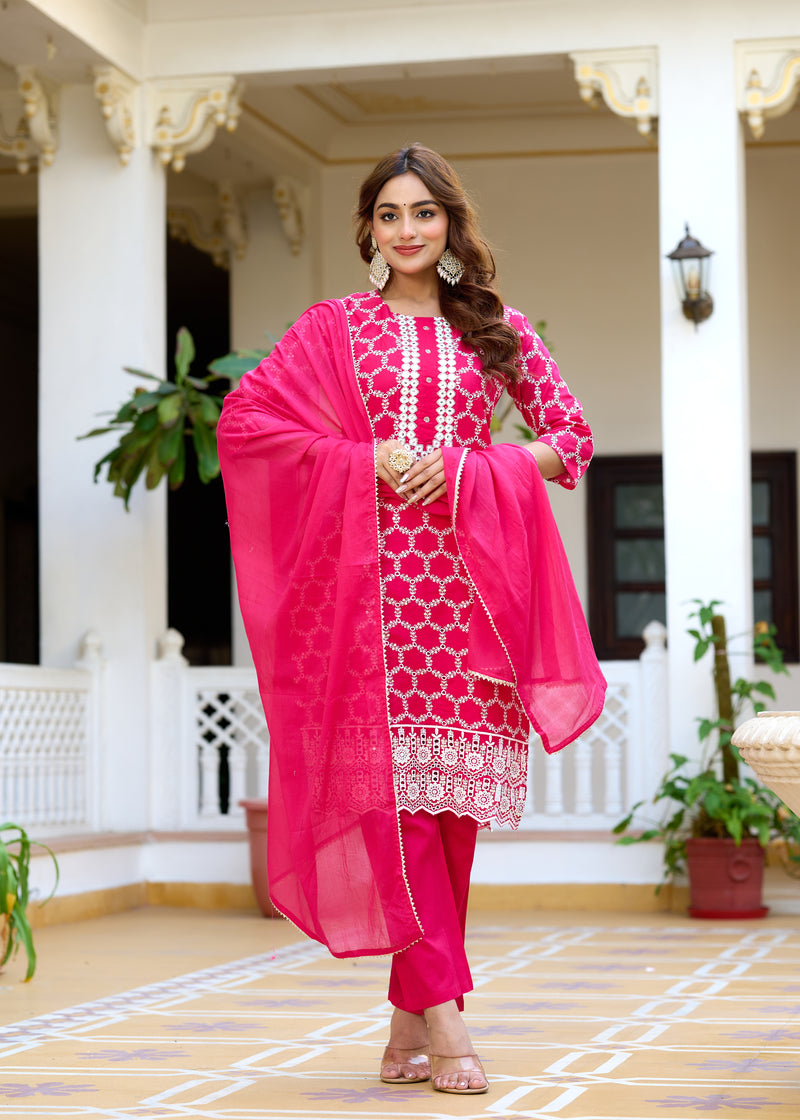 ANAISA Women cotton Schiffli embroidered Kurta with Trouser & Dupatta