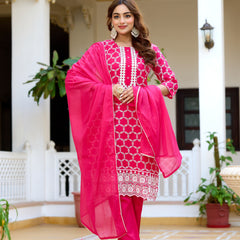 ANAISA Women cotton Schiffli embroidered Kurta with Trouser & Dupatta