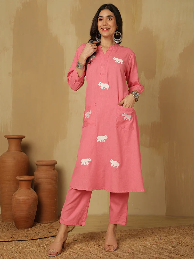 Women Solid Cotton Flex A-line Pocket Kurta with Palazzo Set
