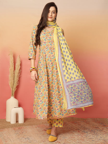 ANAISA Women Mustard Cotton Printed V-neck, Calf Length, 3/4 Sleeves, Anarkali Kurta with Pant & Dupatta
