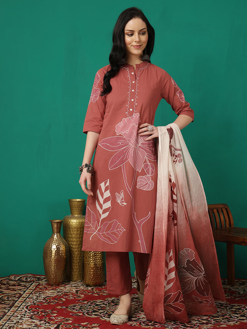 ANAISA Women Cotton Placement Print Straight Kurta with Trouser & Dupatta