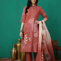 ANAISA Women Cotton Placement Print Straight Kurta with Trouser & Dupatta