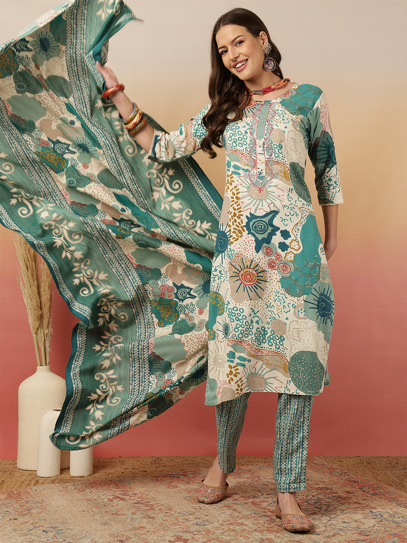 Women Blue Digital Printed Kurta With Trouser & Dupatta