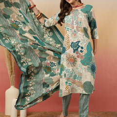 Women Blue Digital Printed Kurta With Trouser & Dupatta