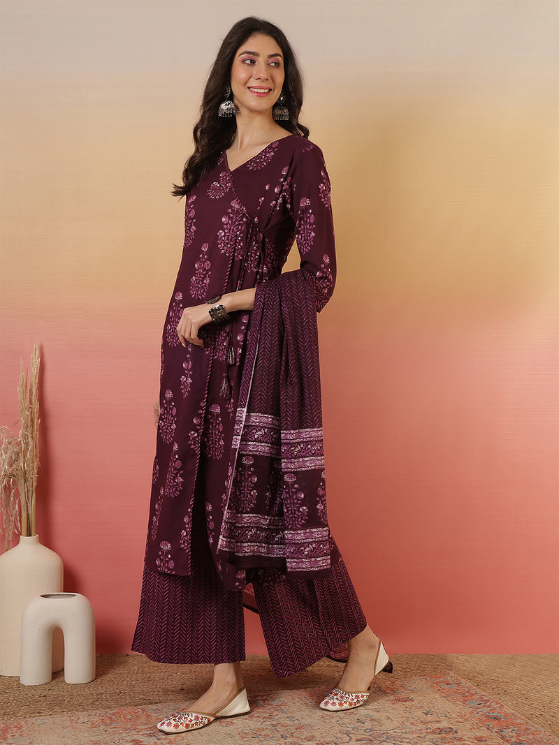 Women Purple Block Printed Front Slit Kurta With Palazzo Pant & Dupatta
