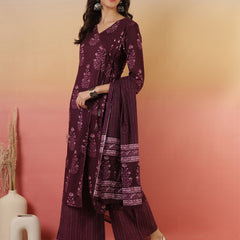 Women Purple Block Printed Front Slit Kurta With Palazzo Pant & Dupatta