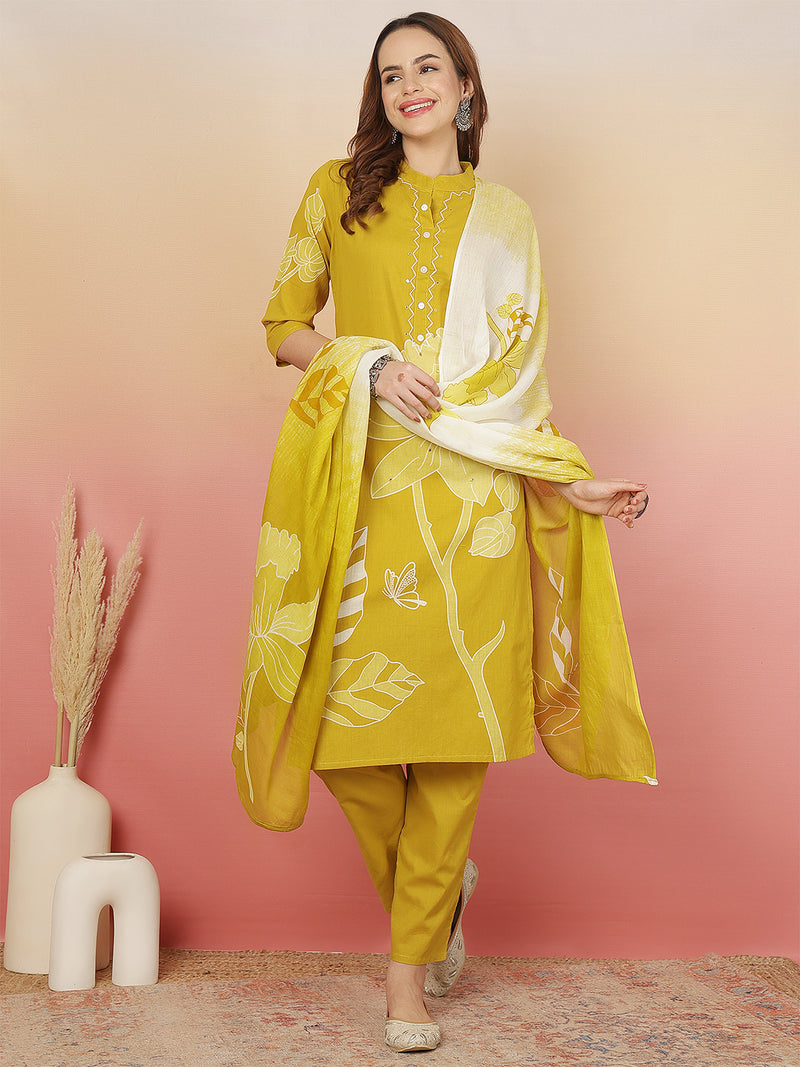 ANAISA Women Cotton Placement Print Straight Kurta with Trouser & Dupatta