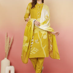 ANAISA Women Cotton Placement Print Straight Kurta with Trouser & Dupatta