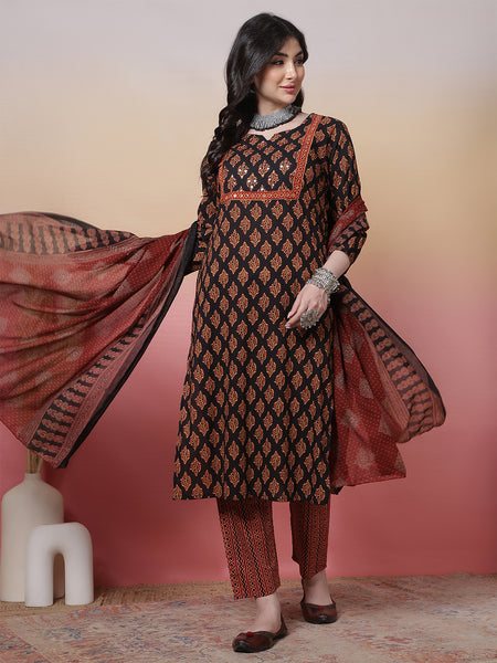 Women Black Cotton Hand Block Printed Kurta with Trouser & Dupatta