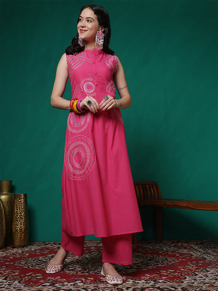 Women Pink Pure Cotton Embroidery Kurta with attached sleeves and Palazzo Set