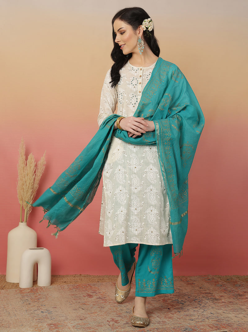 ANAISA Women Cotton Flex White Embroidery Kurta with Turquoise blue Palazzo with Dupatta