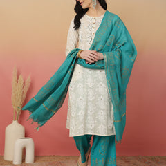 ANAISA Women Cotton Flex White Embroidery Kurta with Turquoise blue Palazzo with Dupatta