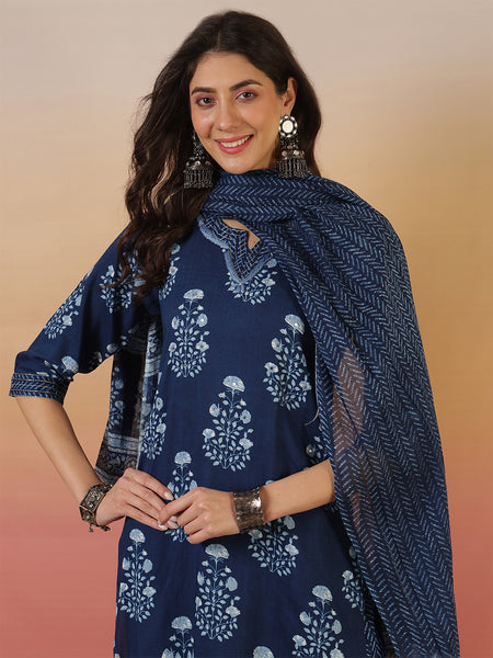 Women Blue Cotton Yoke Design Kurta With Trouser & Dupatta