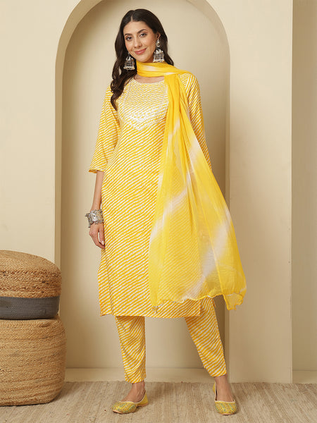 Women Cotton Yellow Printed Kurta with Trouser & Dupatta