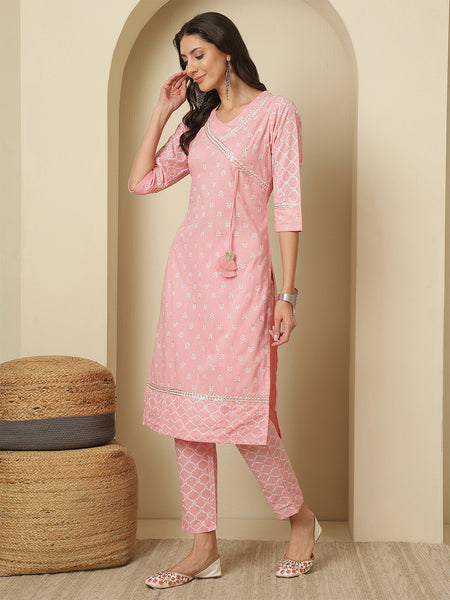 Women Cotton Pink Printed Angrakha Kurta with Trouser