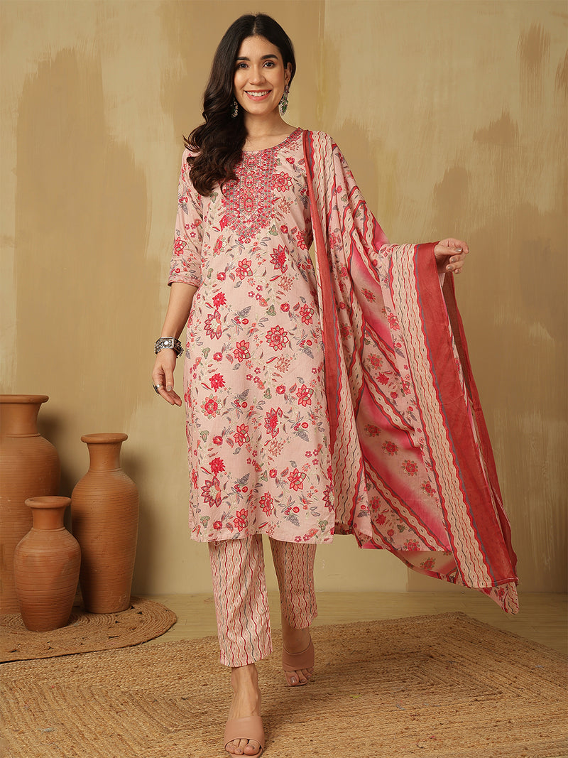 Women Pink Cotton Printed Kurta with Trouser & Dupatta