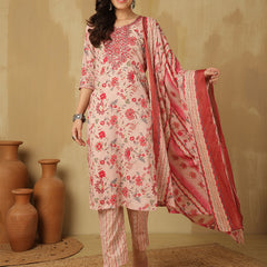 Women Pink Cotton Printed Kurta with Trouser & Dupatta