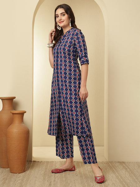 Blue Cotton Checks Printed A-line Kurta with Trouser
