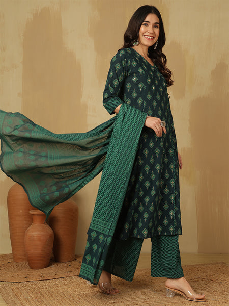 Women Green Block Printed A-line Kurta With Trouser & Dupatta