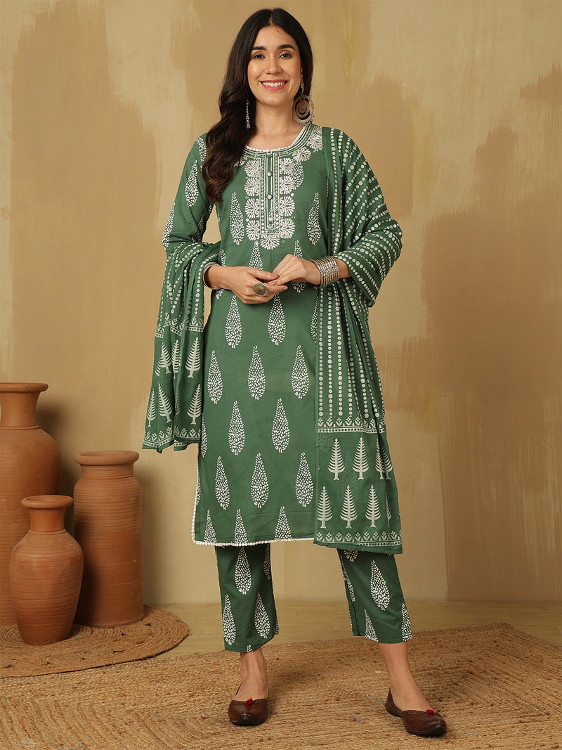 Women Green Regular Wear Kurta With Trouser & Dupatta
