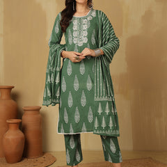 Women Green Regular Wear Kurta With Trouser & Dupatta