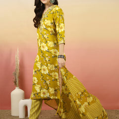 Women Yellow Floral Printed Yoke Embroidery V-neck Kurta with Trouser & Dupatta