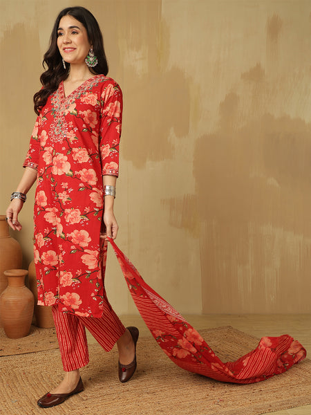 Women Red Floral Printed Yoke Embroidery V-neck Kurta With Trouser & Dupatta