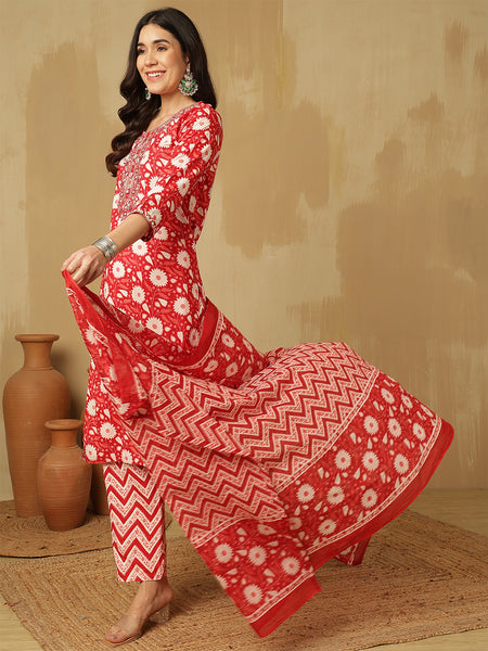 Women Floral Printed Red Kurta with Trouser & Dupatta