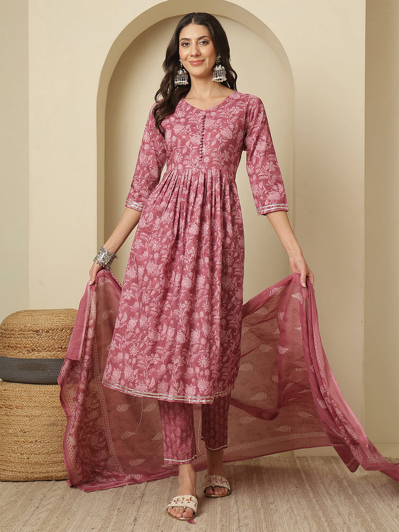 Women Cotton Printed Nayra Cut, Round Neck Kurta with Trouser & Dupatta