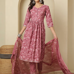 Women Cotton Printed Nayra Cut, Round Neck Kurta with Trouser & Dupatta