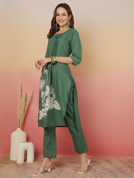 Women Green Cotton Discharge Printed A-line Kurta With Dupatta