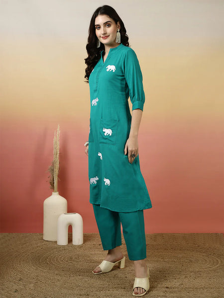 Women Solid Cotton Flex A-line Pocket Kurta with Palazzo Set