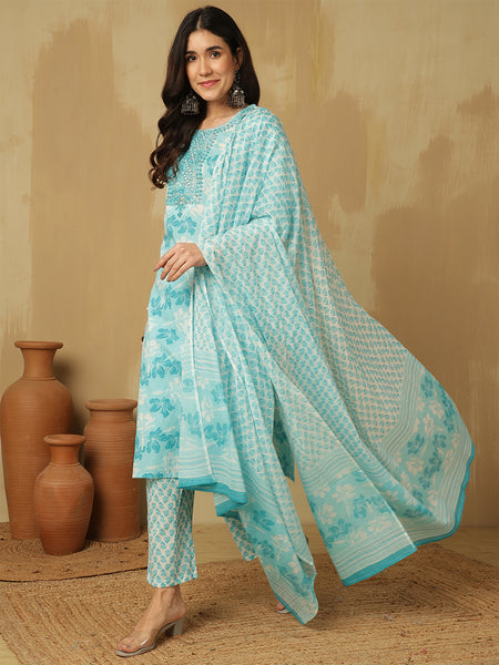 Women Sky Blue Cotton Embroidery Kurta With Trouser & Dupatta