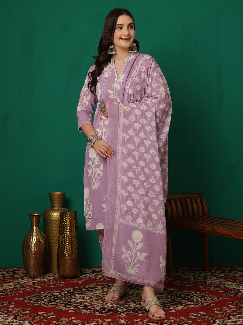 Women Purple Cotton Printed Straight Kurta with Trouser & Dupatta