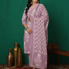 Women Purple Cotton Printed Straight Kurta with Trouser & Dupatta