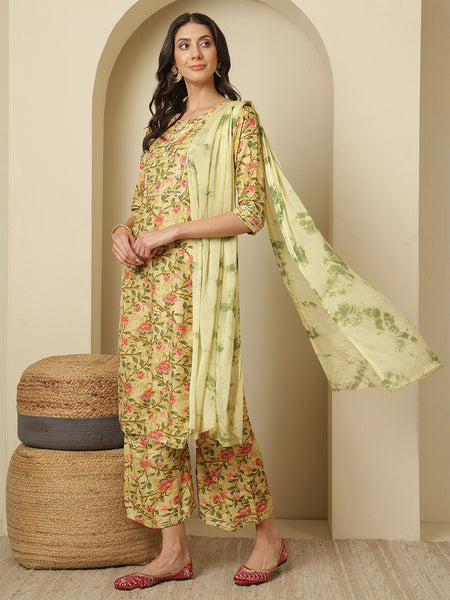 Viscose Rayon Yellow Printed, Round Neck Kurta with Trouser & Dupatta