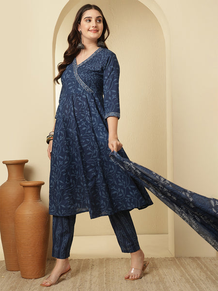 Women Cotton Indigo Printed Angrakha Anarkali Kurta with Trouser & Dupatta