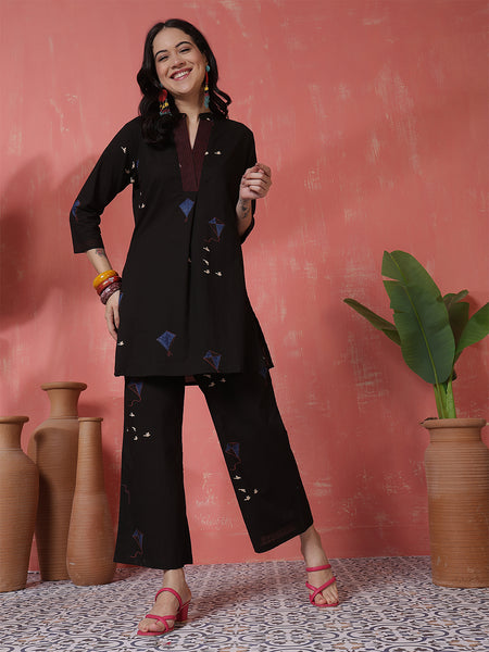 Women Black Pure Cotton Printed Top with Palazzo Co-ord Set