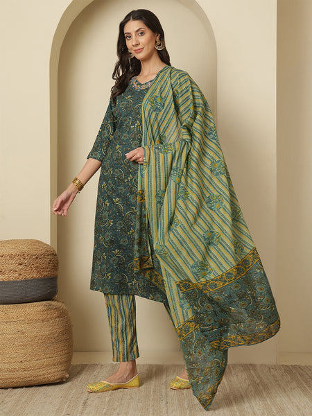 Cotton Green Printed V-neck Kurta with Trouser & Dupatta