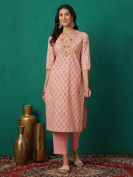 Women Pink Straight, Round Neck, Calf Length Kurta with Trouser